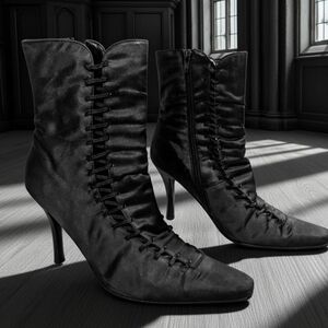 Gothic Victorian Lace-Up Ankle Boots in Sumptuous Black Satin